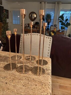 6 Set of Gold Metal Taper Candle Holders - Modern Slim Design